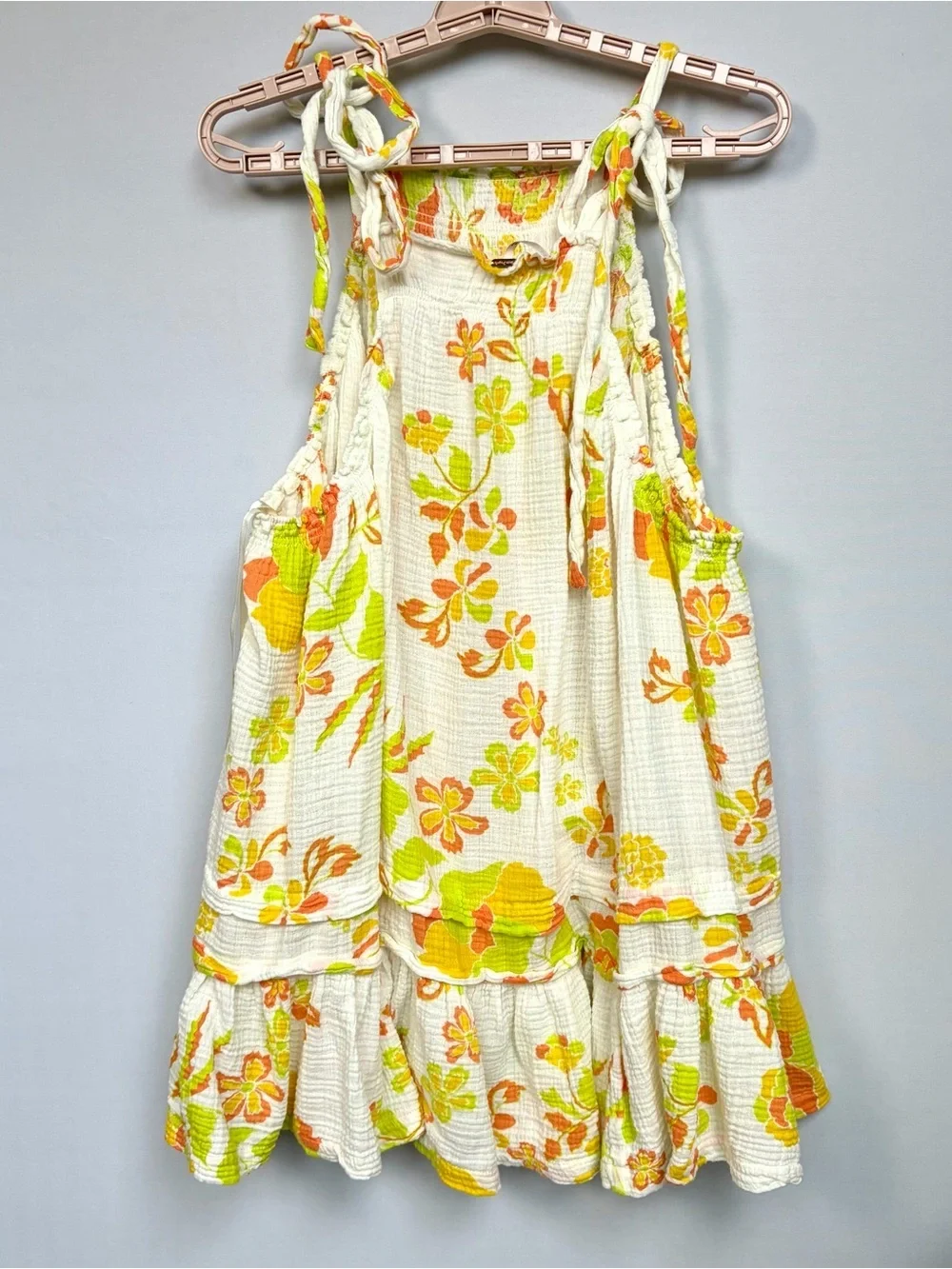 Free People Fleur Dress Top Sz M Cotton Gauze Tiered Tie Shoulder Boho Cottage